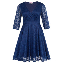 Hanna Nikole Mulheres de três quartos luva V-Neck Navy Lace Plus Size Dress HN0022-3